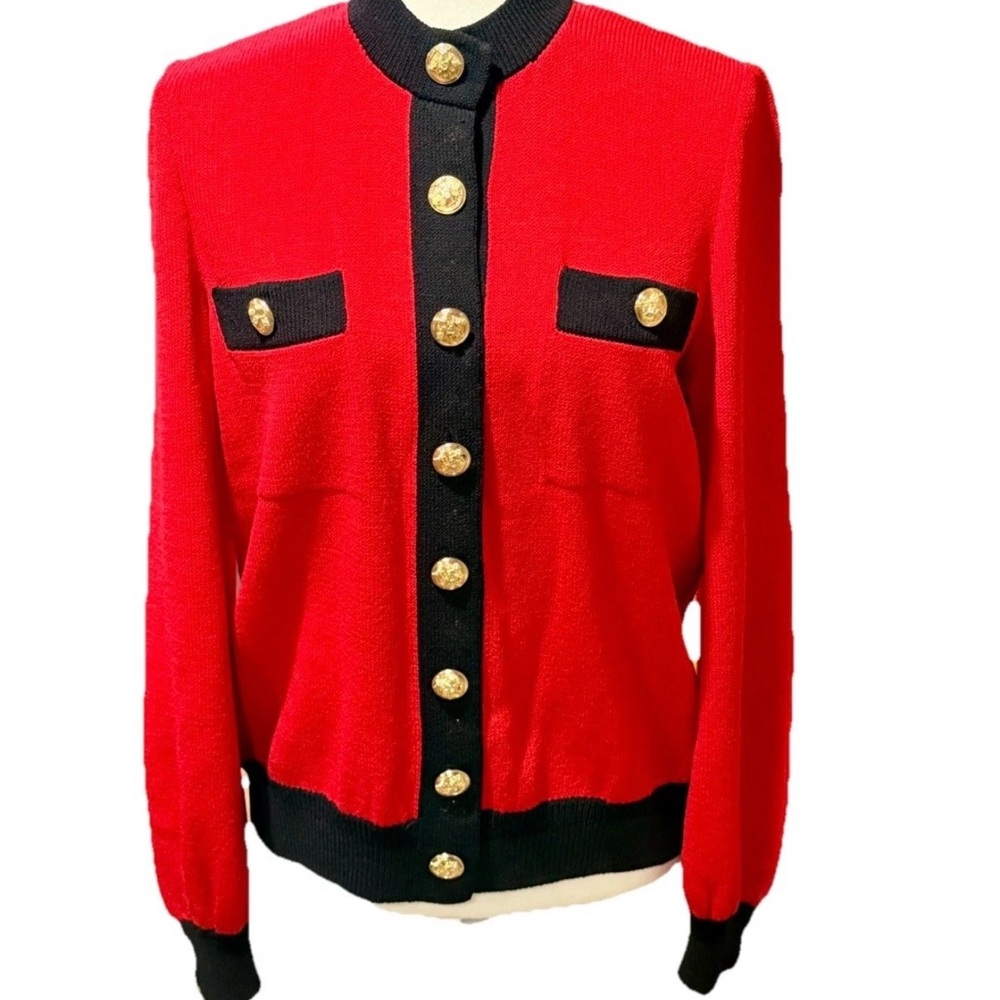 St. John Collections Marie Gray Santana knit Cardigan Gold Buttons Sz S
